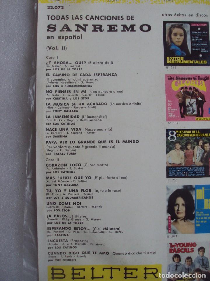 Discos de vinilo: TODAS LAS CANCIONES DE SAN REMO EN ESPAÑOL VOL.2. LP EDICION ESPAÑOLA 1967, BELTER. - Foto 3 - 108887623
