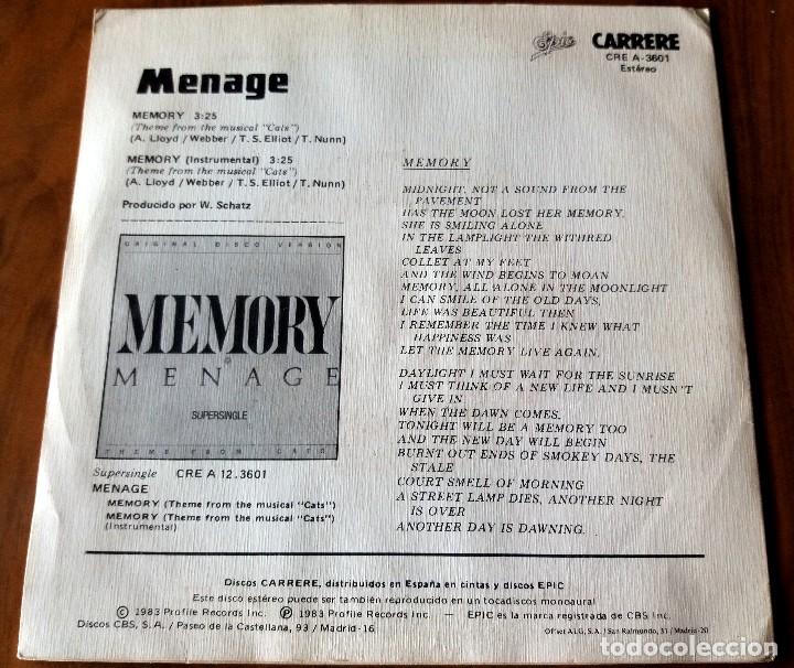 Discos de vinilo: SINGLE - MENAGE - MEMORY -THEME FROM CATS - Foto 2