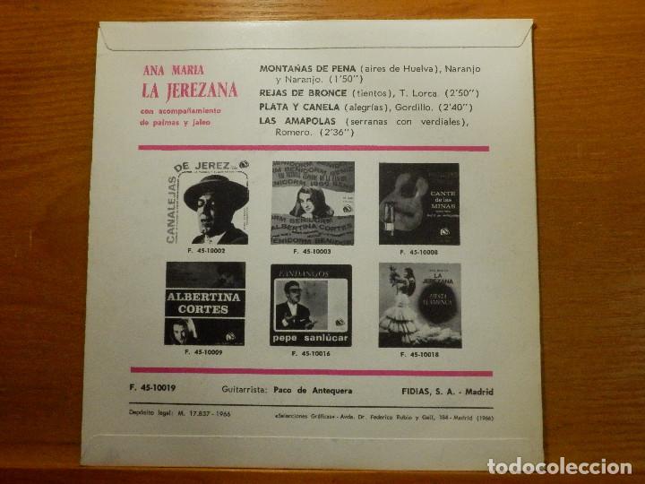 Discos de vinilo: EP - Ana María, La Jerezana - Montañas de pena, Rejas Bronce, Plata y canela, lAmapolaas Fidias 1966 - Foto 2 - 113914615