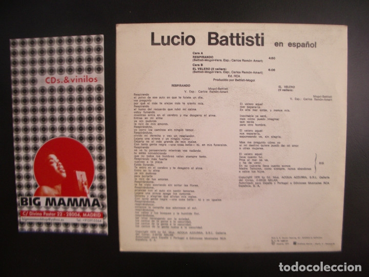 Discos de vinilo: LUCIO BATTISTI- RESPIRANDO. SINGLE - Foto 2