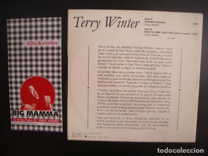 Discos de vinilo: TERRY WINTER- THANKS! SINGLE - Foto 2