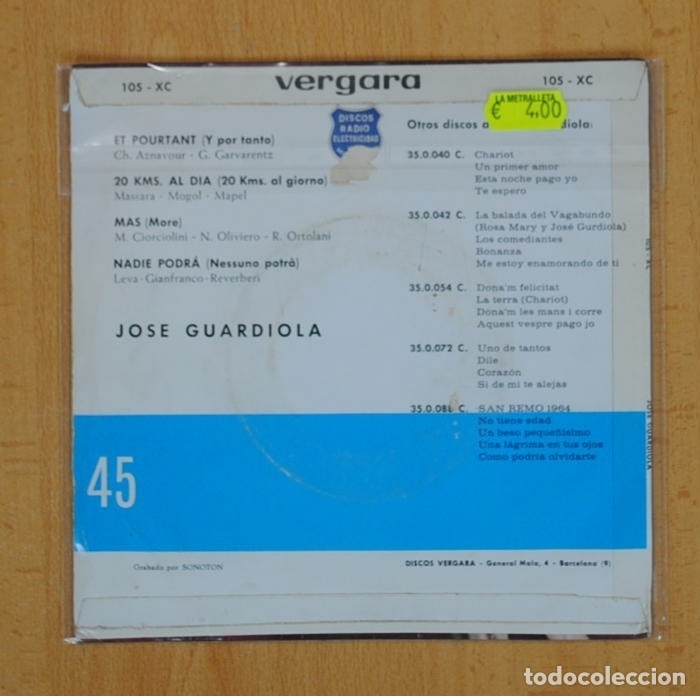 Discos de vinilo: JOSE GUARDIOLA - ET POURTANT + 3 - EP - Foto 2