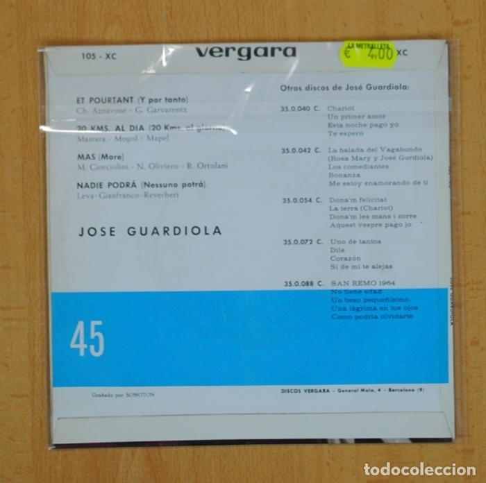 Discos de vinilo: JOSE GUARDIOLA - ET POURTANT + 3 - EP - Foto 2