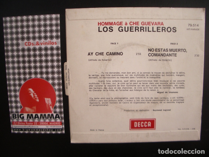 Discos de vinilo: LOS GUERRILLEROS- HOMMAGE A CHE GUEVARA. SINGLE. - Foto 2