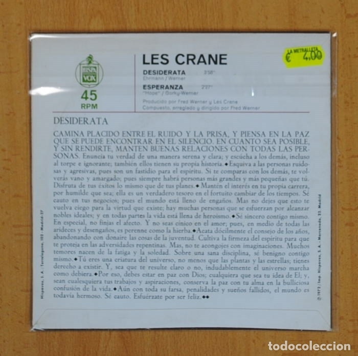 Discos de vinilo: LES CRANE - DESIDERATA / ESPERANZA - SINGLE - Foto 2