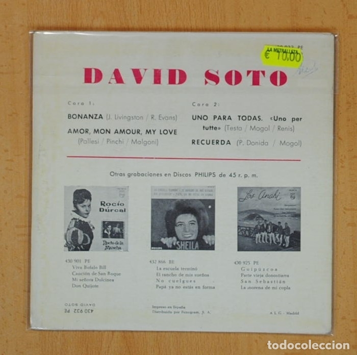 Discos de vinilo: DAVID SOTO - BONANZA + 3 - EP - Foto 2