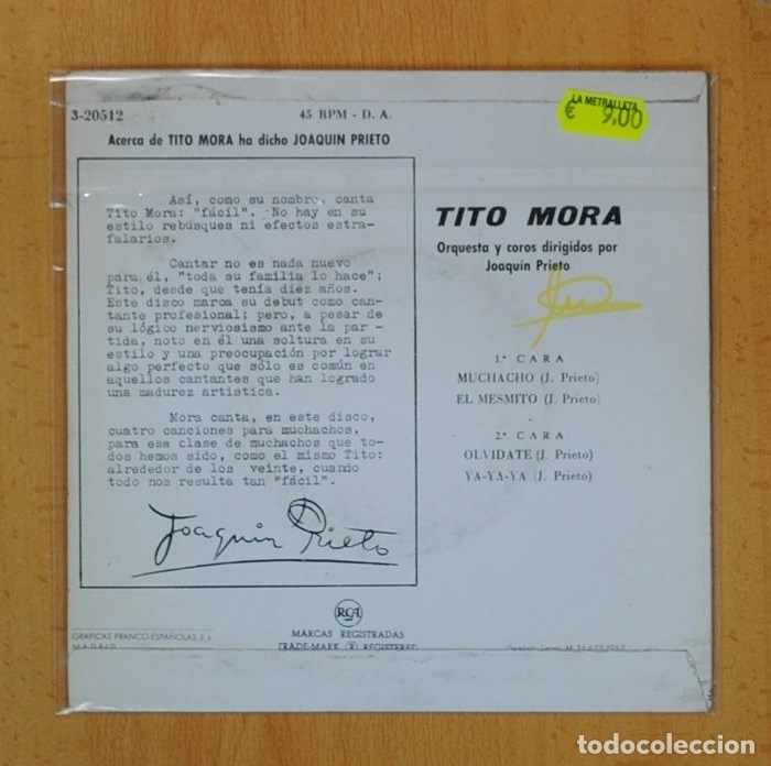Discos de vinilo: TITO MORA - MUCHACHO + 3 - EP - Foto 2