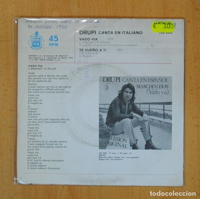 Discos de vinilo: DRUPI - VADO VIA / TE SUE&Ntilde;O A TI - SINGLE - Foto 2