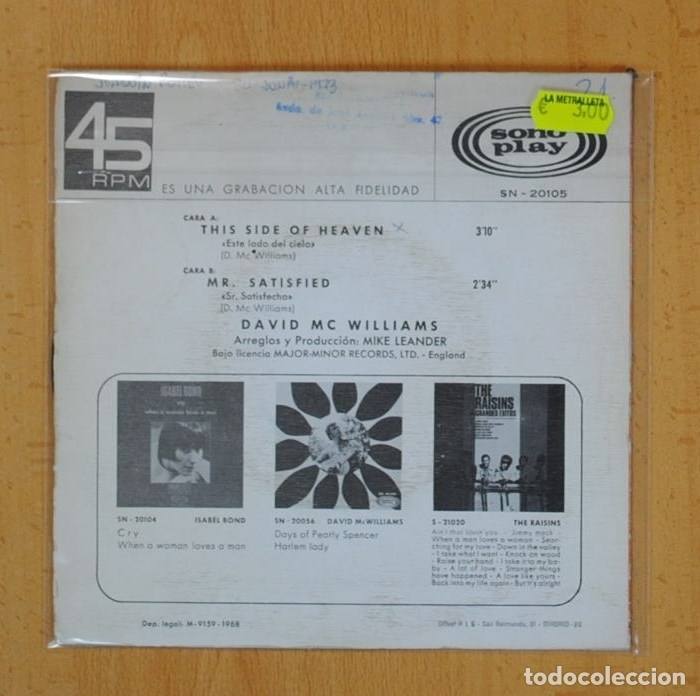 Discos de vinilo: DAVID MC WILLIAMS - ESTE LADO DEL CIELO / SR. SATISFECHO - SINGLE - Foto 2