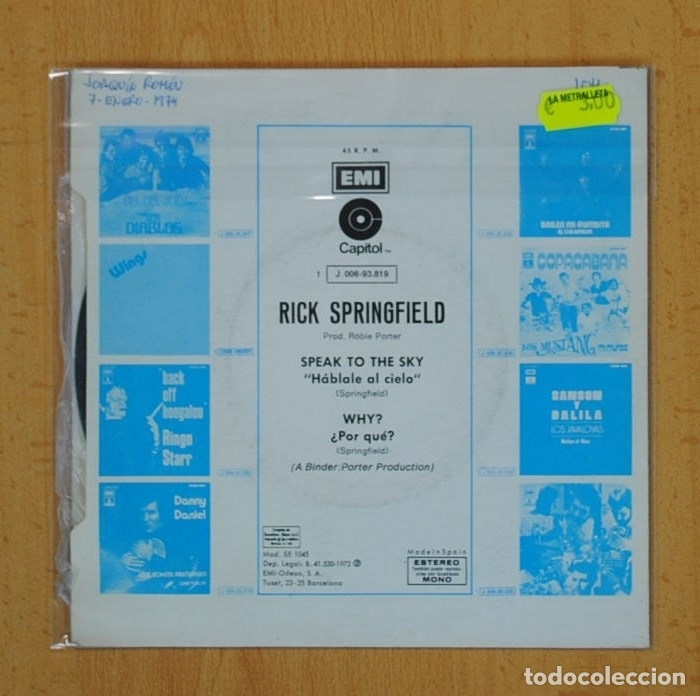 Discos de vinilo: RICK SPRINGFIELD - SPEAK TO THE SKY / WHY? - SINGLE - Foto 2