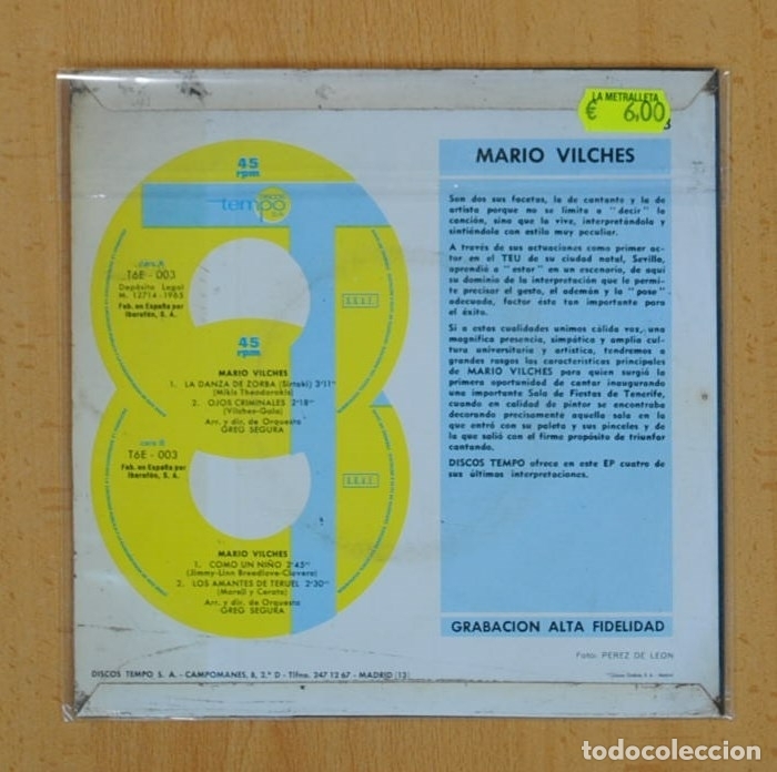 Discos de vinilo: MARIO VILCHES - LA DANZA DE ZORBA + 3 - EP - Foto 2