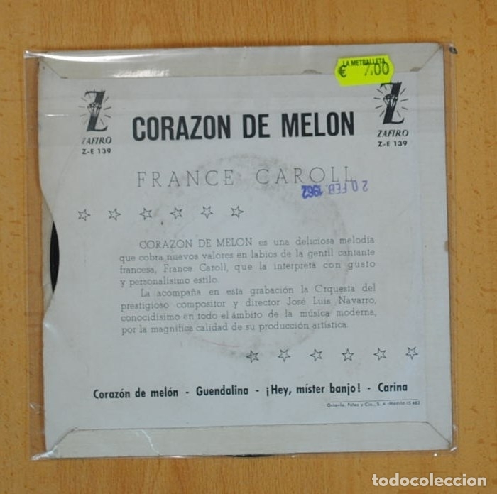 Discos de vinilo: FRANCE CAROL - CORAZON DE MELON + 3 - EP - Foto 2