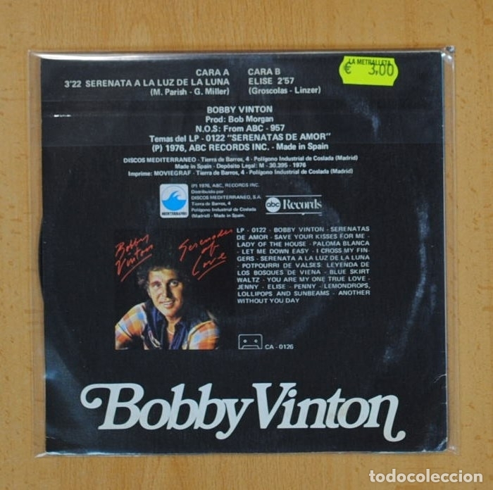 Discos de vinilo: BOBBY VINTON - SERENATA A LA LUZ / ELISE - SINGLE - Foto 2