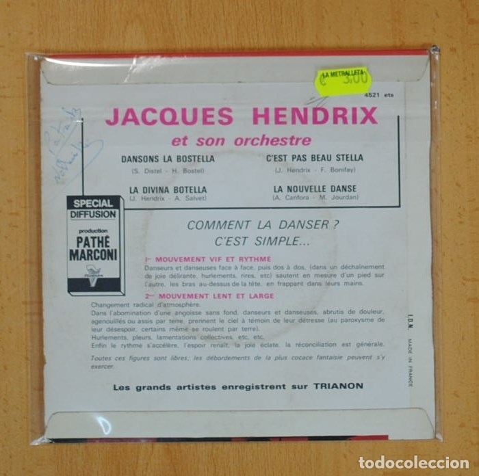 Discos de vinilo: JACQUES HENDRIX (ET SON ORCHESTRE) - DANSONS LA BOSTELLA + 3 - EP - Foto 2
