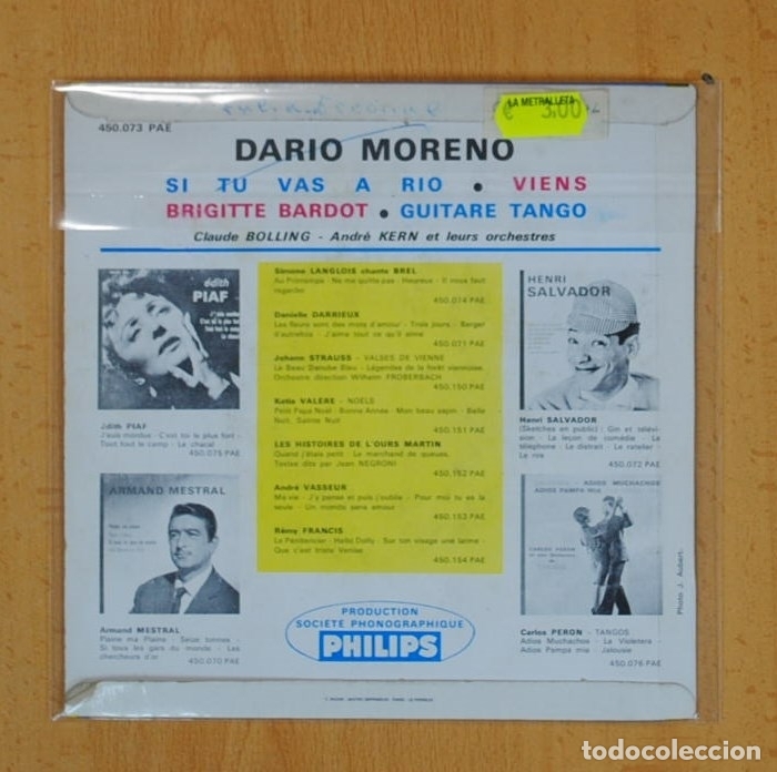 Discos de vinilo: DARIO MORENO - SI TU VAS A RIO + 3 - EP - Foto 2