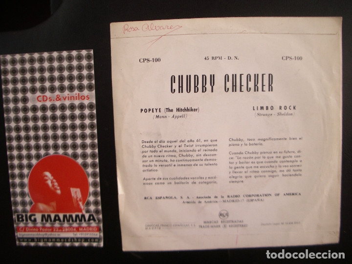Discos de vinilo: CHUBBY CHECKER- POPEYE- LIMBO ROCK. SINGLE. - Foto 2