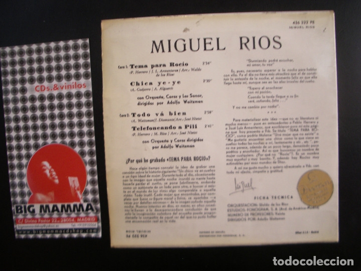 Discos de vinilo: MIGUEL RIOS- TEMA PARA ROC&Iacute;O. EP. - Foto 2