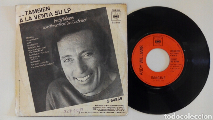 Discos de vinilo: Andy Williams 1972 El padrino/ Imagine - Foto 2