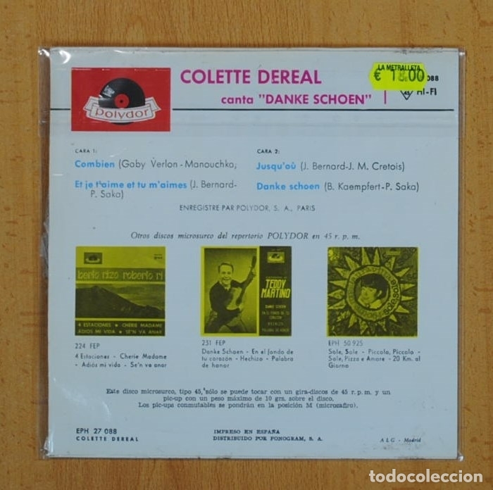 Discos de vinilo: COLETTE DEREAL - DANKE SCHOEN + 3 - EP - Foto 2