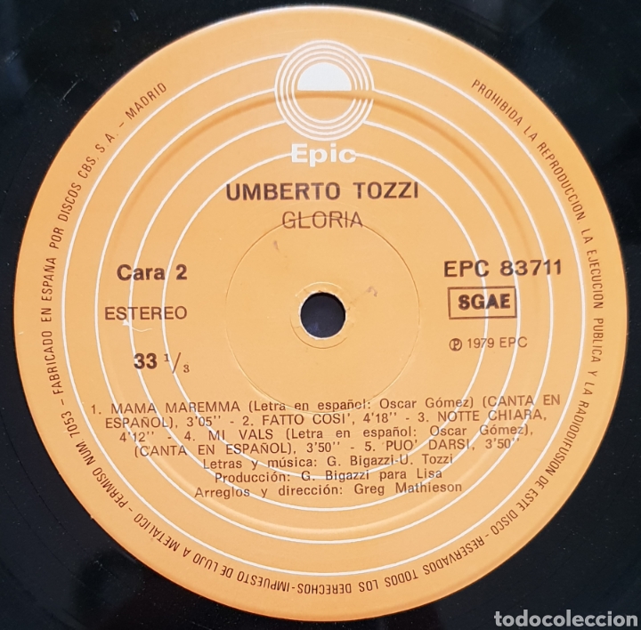 Discos de vinilo: Lp Umberto Tozzi Gloria 1979 - Foto 3