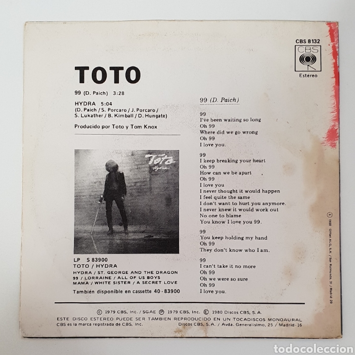 Discos de vinilo: Single Toto 99 - Foto 2