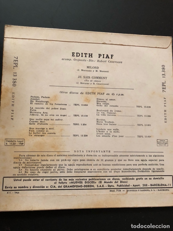 Discos de vinilo: Edith piaf milord - Foto 2