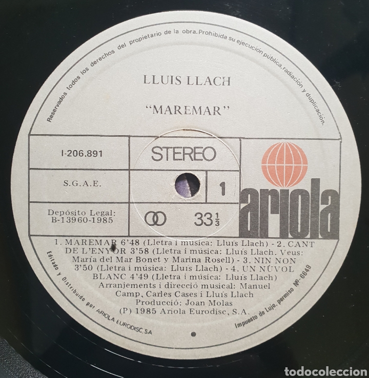 Discos de vinilo: LP LLUIS LLACH MAREMAR ARIOLA - Foto 2
