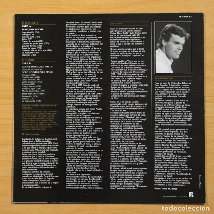 Discos de vinilo: JORGE ROBAINA - RECORDANDO A... DONOSTIA Y GURIDI - LP - Foto 2