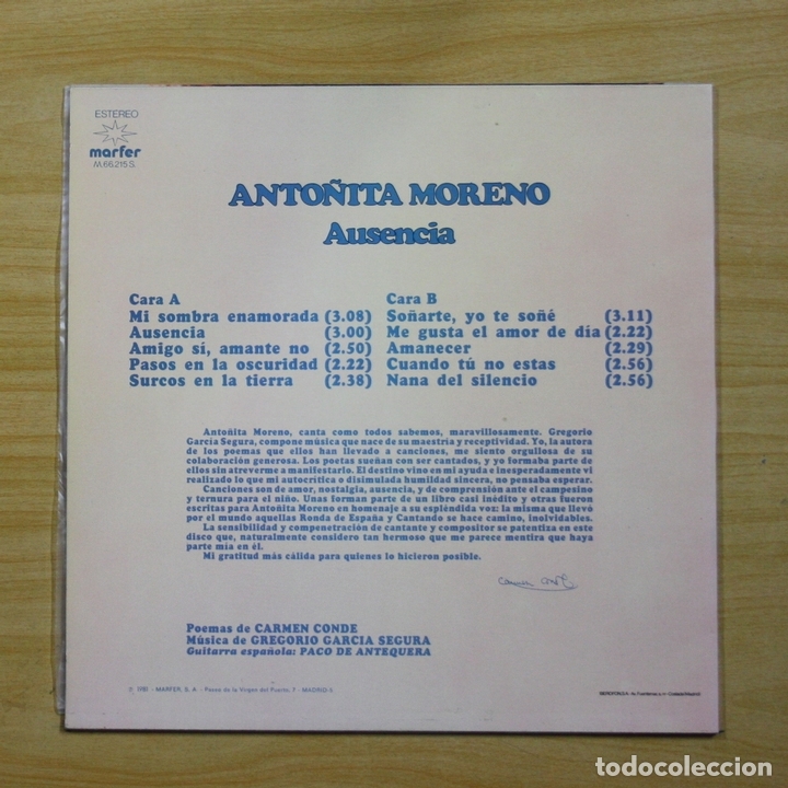 Discos de vinilo: ANTO�ITA MORENO - AUSENCIA - LP - Foto 2