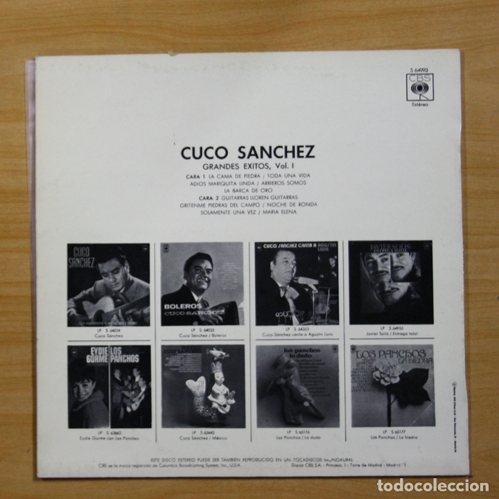 Discos de vinilo: CUCO SANCHEZ - GRANDES EXITOS VOLUMEN UNO - LP - Foto 2