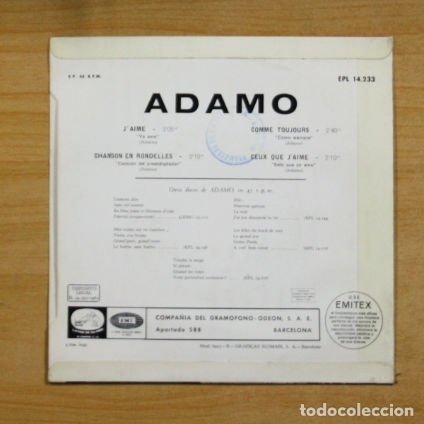 Discos de vinilo: ADAMO - J&acute;AIME + 3 - EP - Foto 2