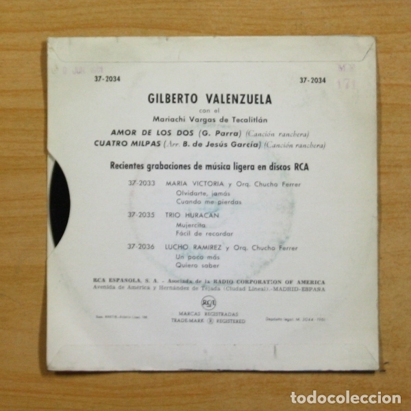Discos de vinilo: GILBERTO VALENZUELA - AMOR DE LOS DOS - SINGLE - Foto 2