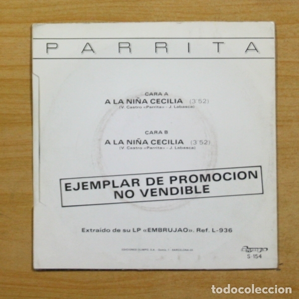 Discos de vinilo: PARRITA - A LA NI&Ntilde;A CECILIA - SINGLE - Foto 2