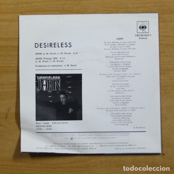Discos de vinilo: DESIRELESS - JOHN - SINGLE - Foto 2