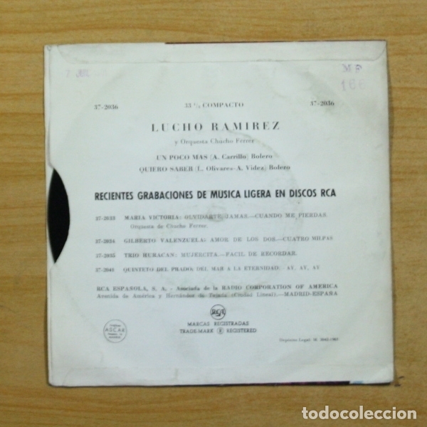 Discos de vinilo: LUCHO RAMIREZ - UN POCO MAS / QUIERO SABER - SINGLE - Foto 2
