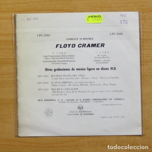 Discos de vinilo: FLOYD CRAMER - CHATTANOOGA CHOO CHOO + 3 - EP - Foto 2