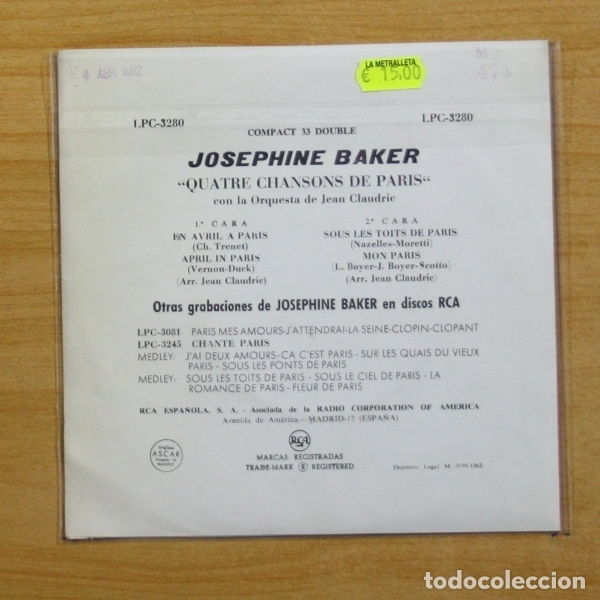 Discos de vinilo: JOSEPHINE BAKER - EN AVRIL A PARIS + 3 - EP - Foto 2