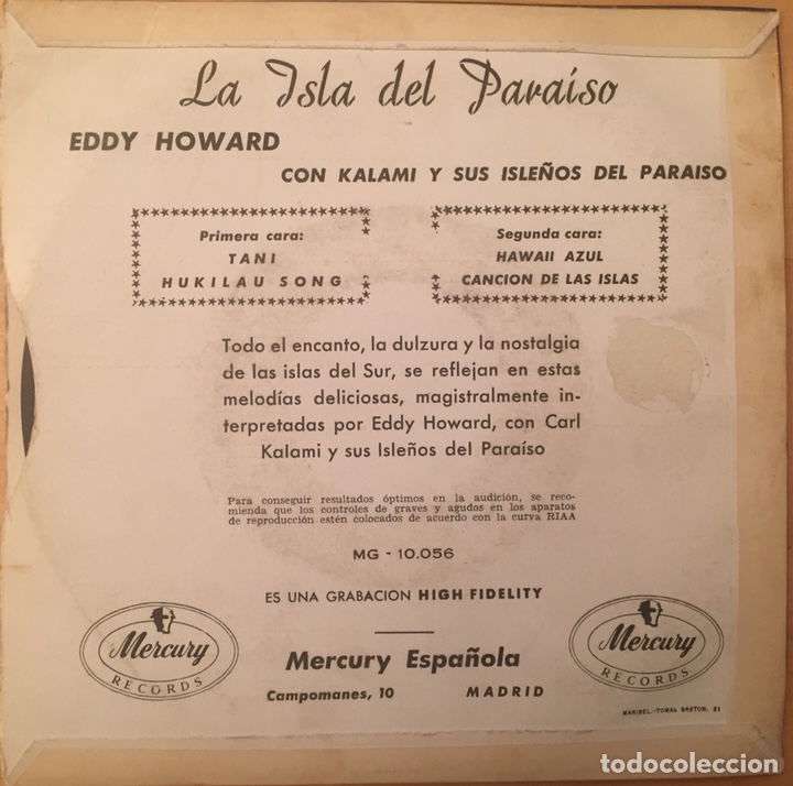 Discos de vinilo: EP EDDY HOWARD - LA ISLA DEL PARAISO (Paradise isle) - Foto 2