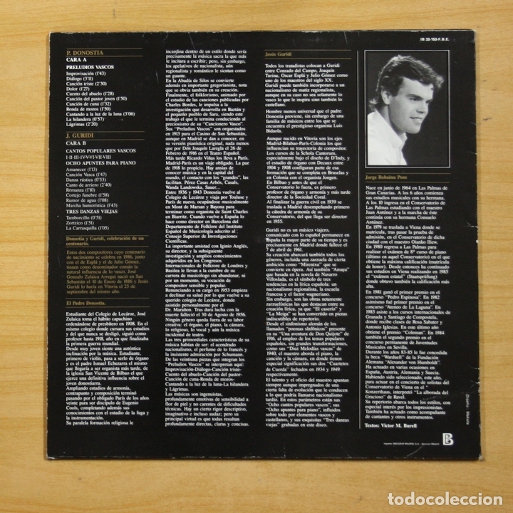 Discos de vinilo: JORGE ROBAINA - RECORDANDO A DONOSTIA Y GURIDI - LP - Foto 2