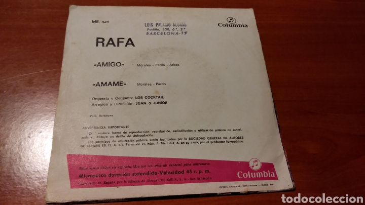 Discos de vinilo: RAFA, SINGLE DEDICADO y Firmado Amigo/Amame. - Foto 3