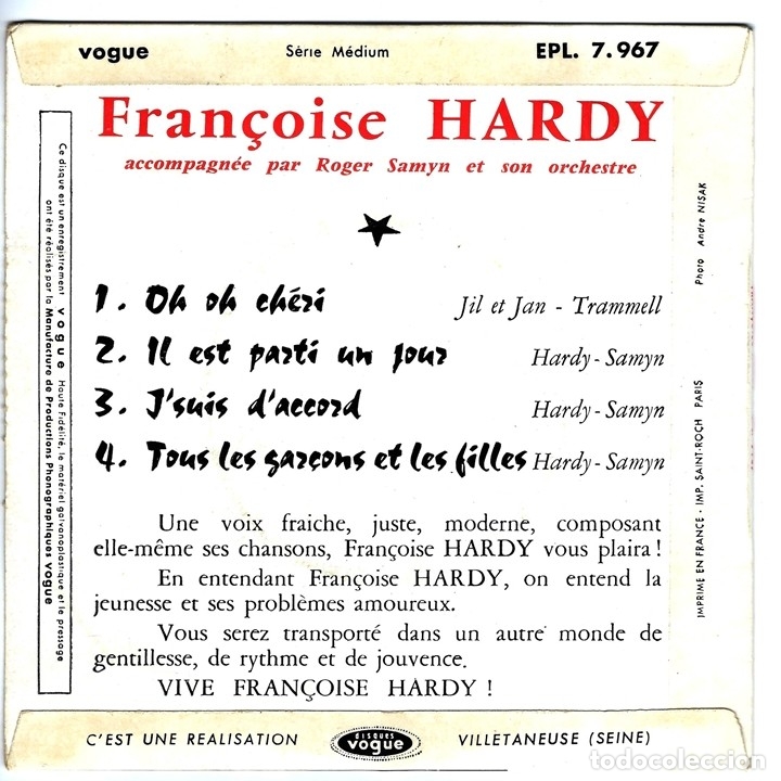 Discos de vinilo: FRANCOISE HARDY JSUIS DACCORD DISQUES VOGUE EPL 7967 EDICIÓN FRANCESA 1962 - Foto 2 - 149202846