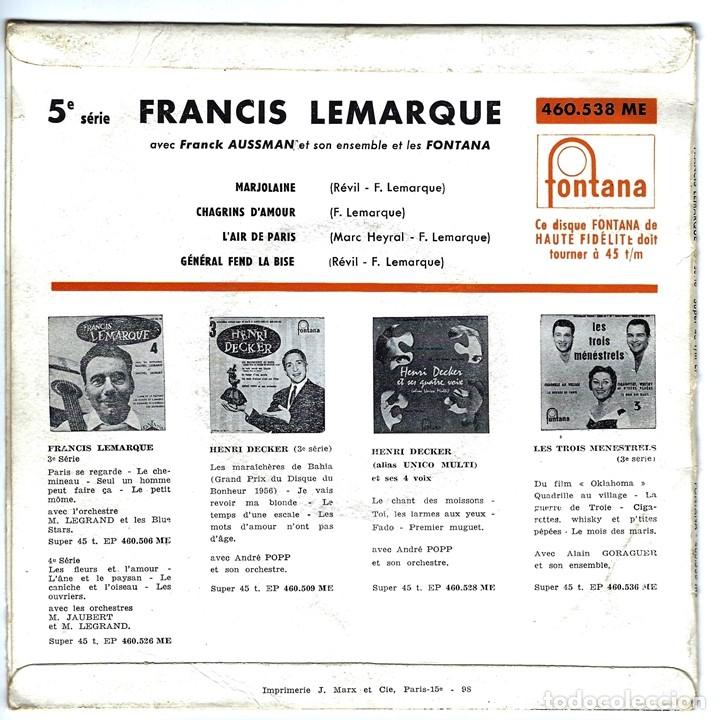 Discos de vinilo: FRANCIS LEMARQUE - MARJOLAINE - LAIR DE PARIS +2 - DISQUE FONTANA 460538 ME - EDICIÓN FRANCESA - Foto 2 - 149210882