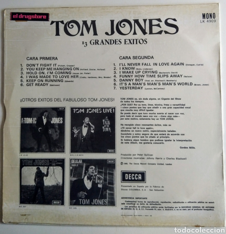 Discos de vinilo: LP. Tom Jones. 13 Smash Hits. 1968. - Foto 2