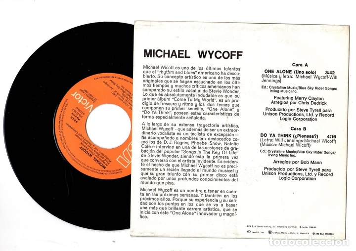 Discos de vinilo: SINGLE MICHAEL WYCOFF. ONE ALONE. DO YA THINK. RCA, 1981 - Foto 2