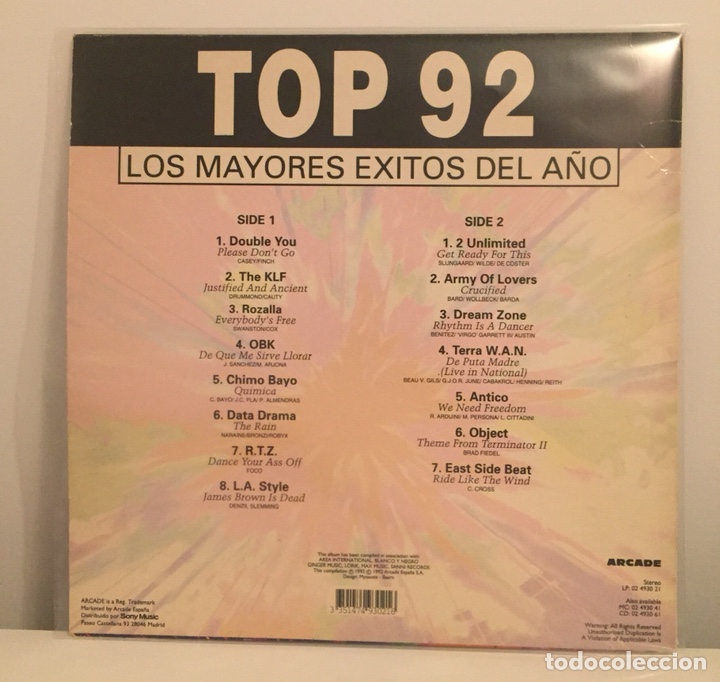 Discos de vinilo: TOP 92 - LOS MAYORES &Eacute;XITOS DEL A&Ntilde;O- LP 1992 ARCADE ESPA&Ntilde;A - Foto 2