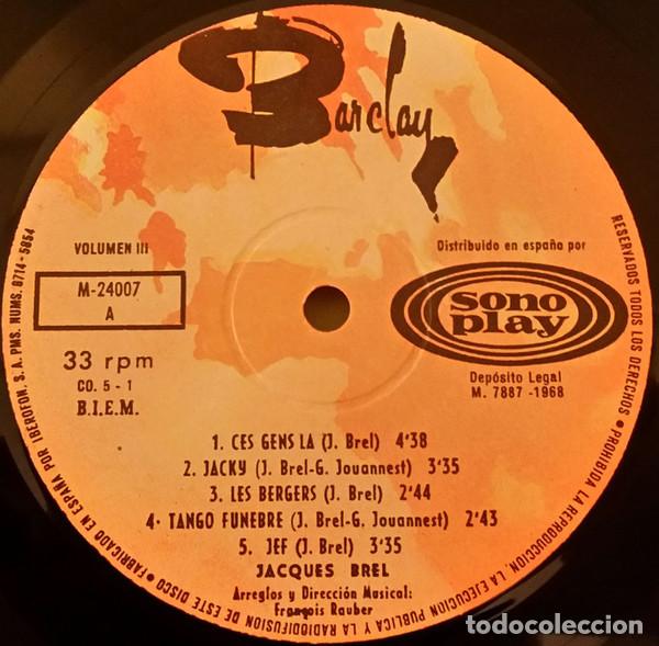Discos de vinilo: Jacques Brel &ndash; Volumen 3 / Barclay / 1968 - Foto 2
