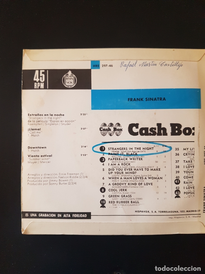 Discos de vinilo: FRANK SINATRA EXTRA&Ntilde;OS EN LA NOCHE SINGLE HISPAVOX 1966 VINILO - Foto 2