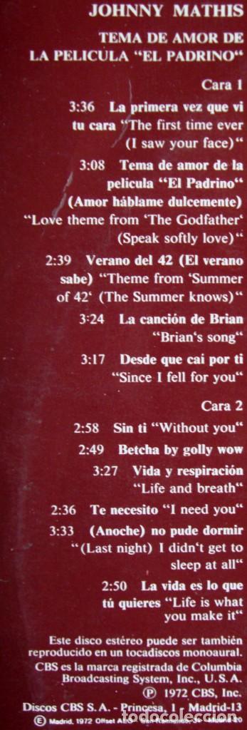 Discos de vinilo: JOHNNY MATHIS. Tema de amor de la pel&iacute;cula El Padrino. - Foto 3