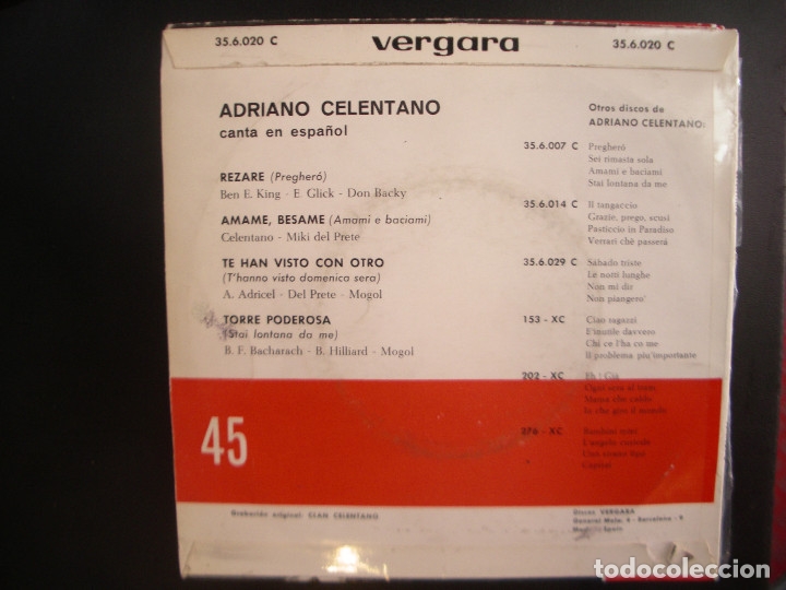 Discos de vinilo: ADRIANO CELENTANO- REZAR&Eacute;. EP. - Foto 2