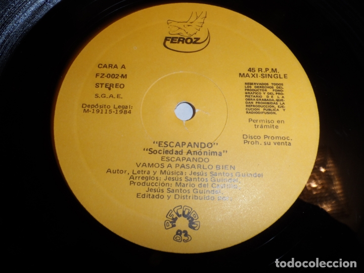 Discos de vinilo: Sociedad an&oacute;nima - Escapando (PROMOCIONAL) - Foto 4